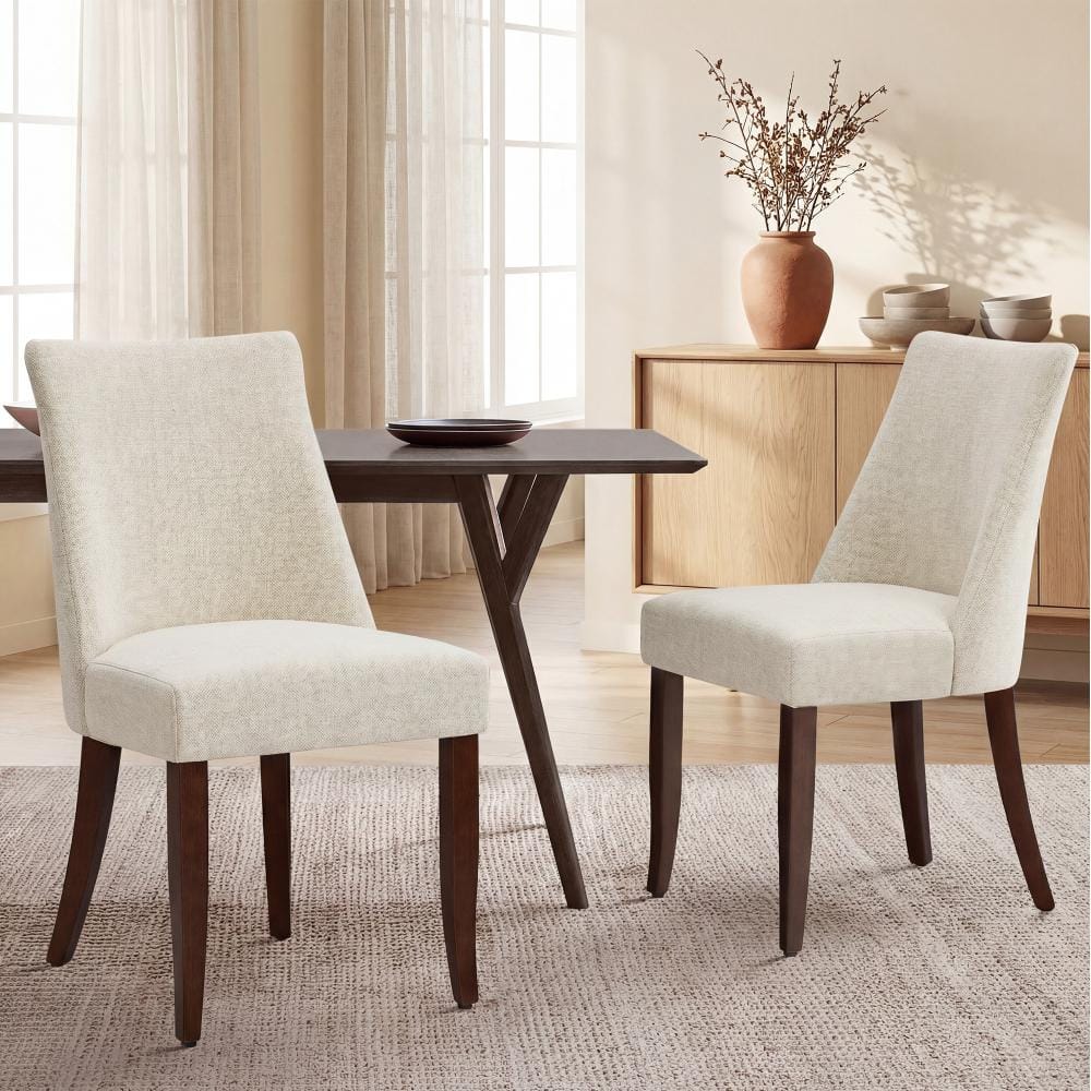 Set of 2 Parsons Upholstered Dining Chair with Solid Wood Legs, High Back Beige Fabric Side Chair