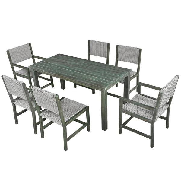 maocao hoom Gray 7-Piece Acacia Wood and Rattan Outdoor Dining Table and Chairs Set