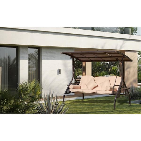 Cesicia 80.5 in. 3-Person Metal Patio Swing with Beige Cushions and Adjustable Canopy