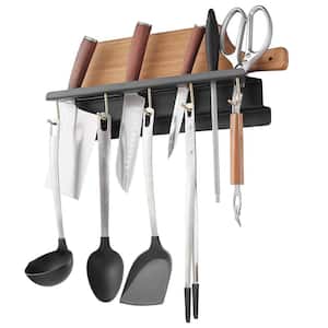 Wall Mounted Kitchen Pot Rack 5-Hooks Magnetic Knife Holder Multi-Functional Kitchenware Organizer in Matte Black
