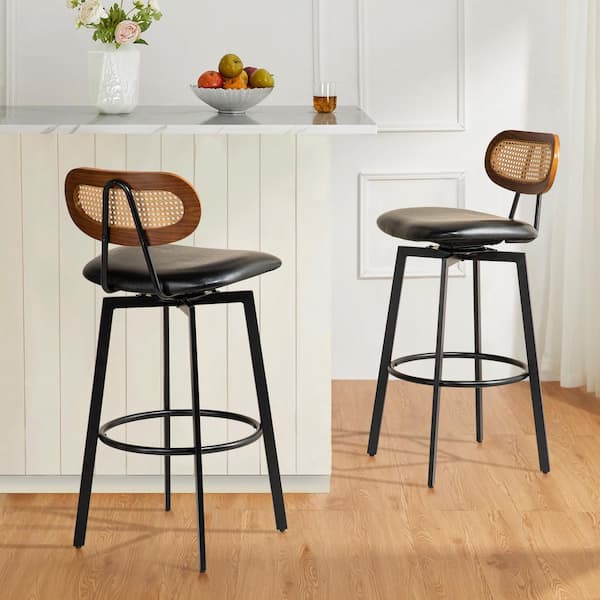 Glitzhome Seat Height 30 in. H Modern Leatherette Swivel Bar Stool with Black Metal Frame Walnut Faux Rattan Backrest（Set of 2）