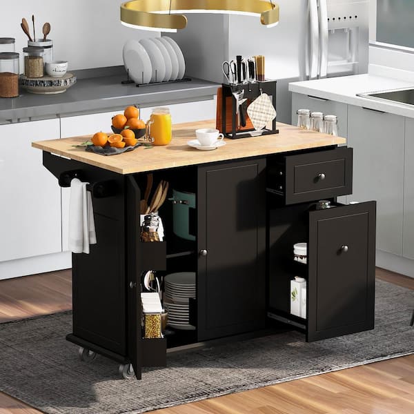 FAMYYT Rolling Black Drop Leaf Rubber Wood Tabletop 54 in. Kitchen Island Cart with Tier Pull Out Cabinet Organizer