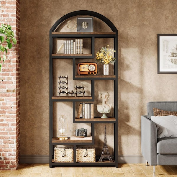 71 in. Tall Rustic Brown Arched Wood 6-Shelf Standard Bookcase with Open Shelves for Living Room, Bedroom, Home Office