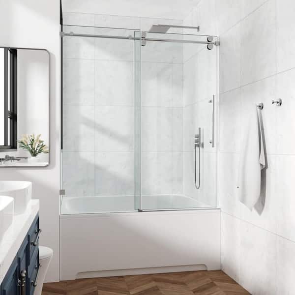 60 x 76 in. Sliding Frameless Shower Door, 10mm SGCC Tempered Glass with Stainless Steel Round Tube Hardware