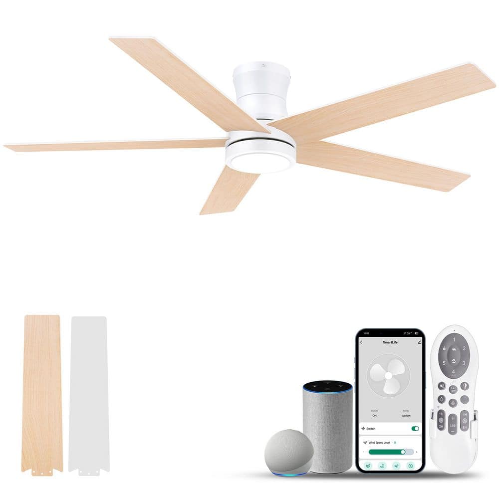 52 in. Smart Outdoor Indoor Standard Flush Mount Ceiling Fan with Lights Remote, Controll by Voice WIFI Alexa App