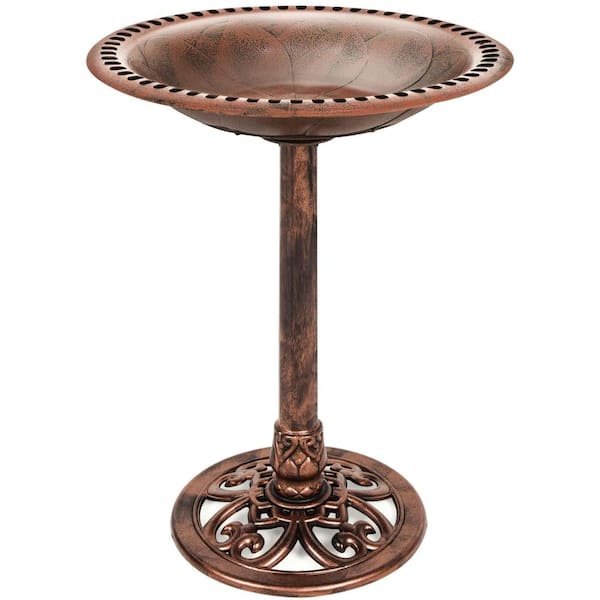 28 in. Tall Outdoor Turquoise Resin Antique Pedestal Birdbath, Vintage Outdoor Accent Decoration with Iris-Copper