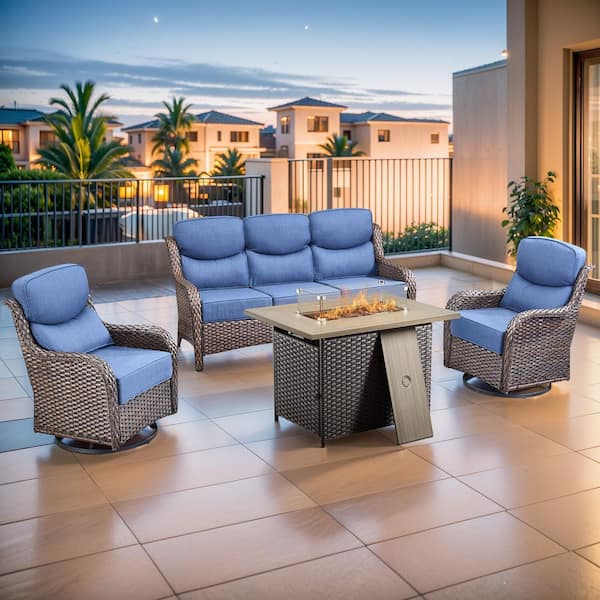 MoonLuxe Brown Wicker Fire Pit Conversation Set with Blue Olefin 6 in. Thick Cushions Patio Swivel Chairs (4-Piece)