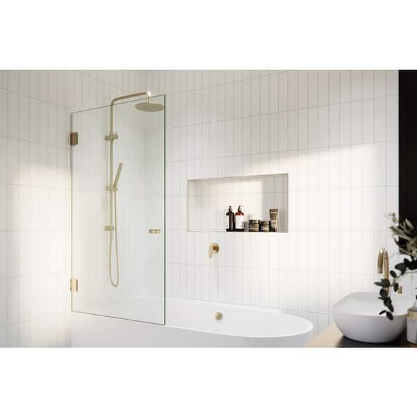 Albedo 34 in. W x 58.25 in. H Frameless Wall Hinged Tub Door in Brushed Bronze with Clear Glass