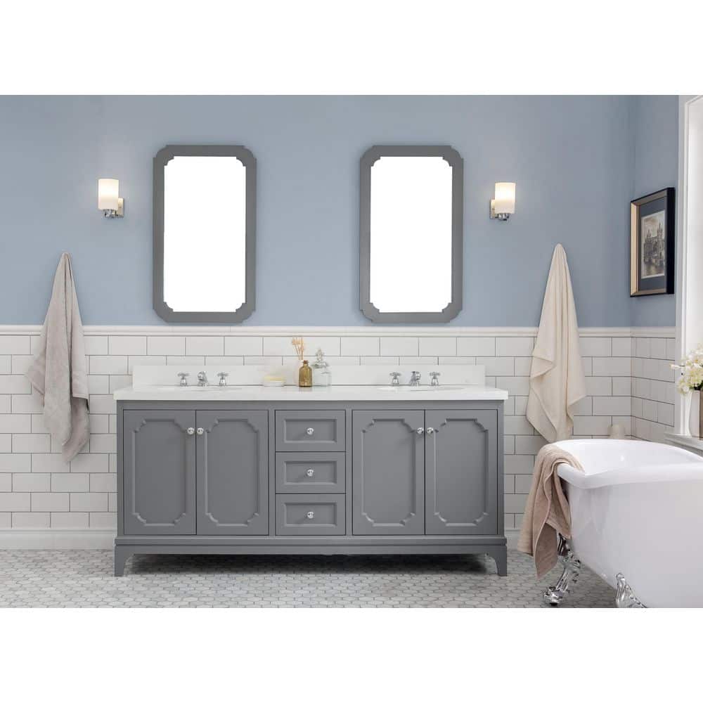 Queen 72 in. Cashmere Grey With Quartz Carrara Vanity Top With Ceramics White Basins and Mirror price history on PriceWatchPro