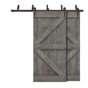 84 in. x 84 in. K Series Bypass Weather Gray Stained Solid Pine Wood Interior Double Sliding Barn Door with Hardware Kit