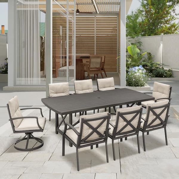 RUIZI AluLux 9-Piece Dark Brown Aluminum Outdoor Dining Set with 2-Swivel Dining Chairs, Rectangular Table and Beige Cushions