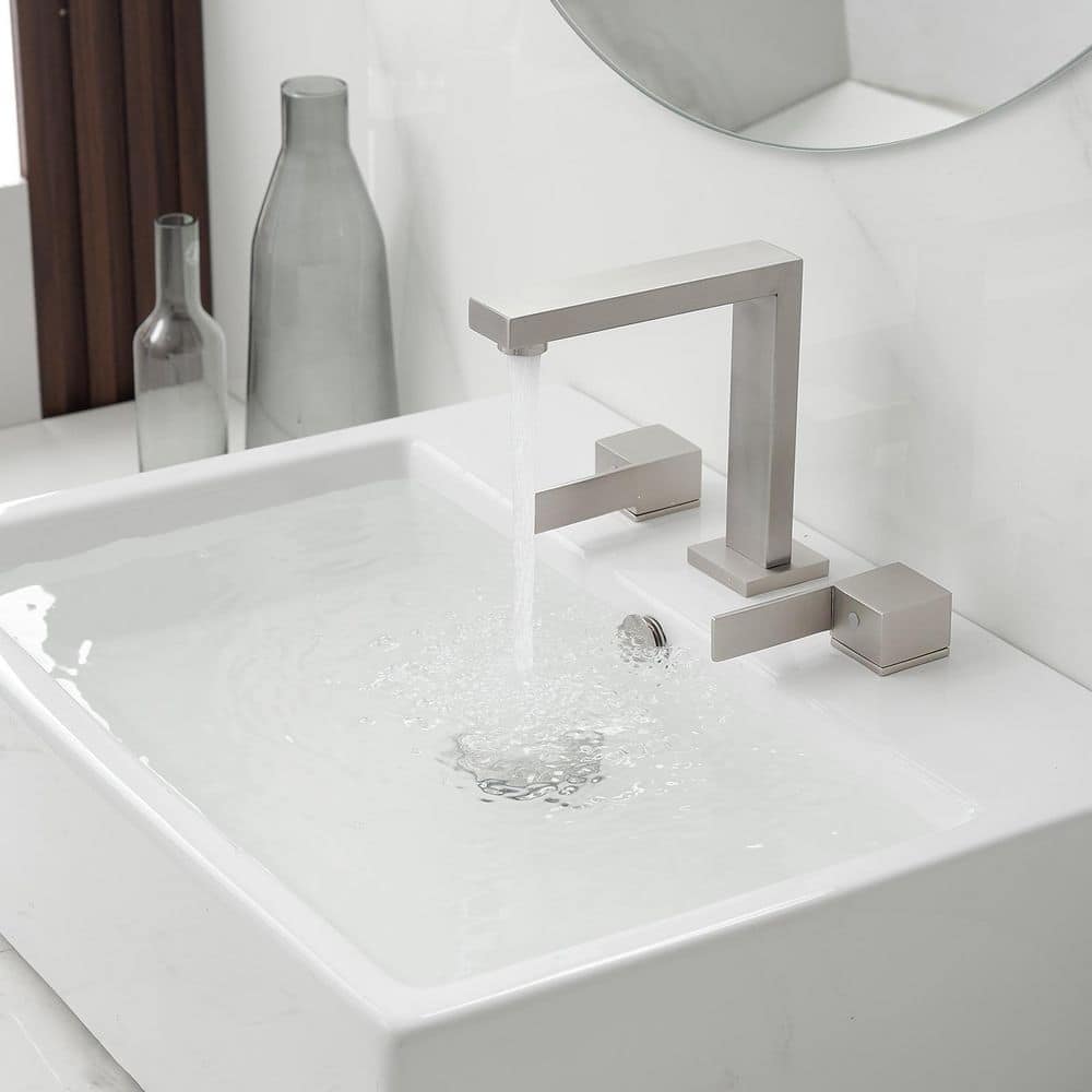 Brushed Nickel Widespread Double Handle Low-Arc Bathroom Faucet
