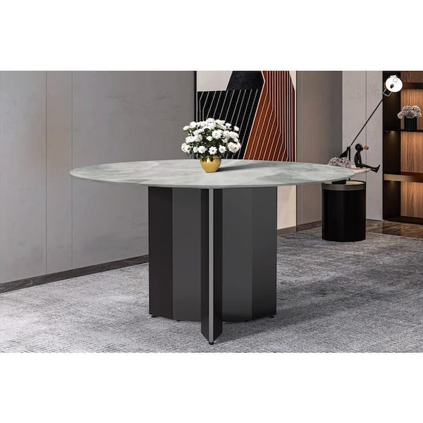 Leisuremod Zevro Mid-Century Modern Light Grey Sintered Stone Top 60 in. Pedestal Dining Table Seats 6