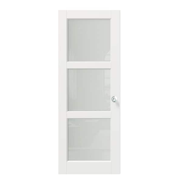 TENONER 30 in. x 80 in. MDF Wood, Primed, White, 3-Lite, Frosted Glass Interior Door Slab With Silver Sphere Doorknob