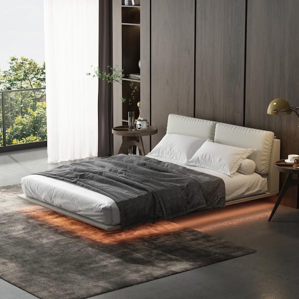 FUFU&GAGA White Wood Frame Queen Size Bed Platform Bed With Color-Changing LED Lights, App Control, Headboard