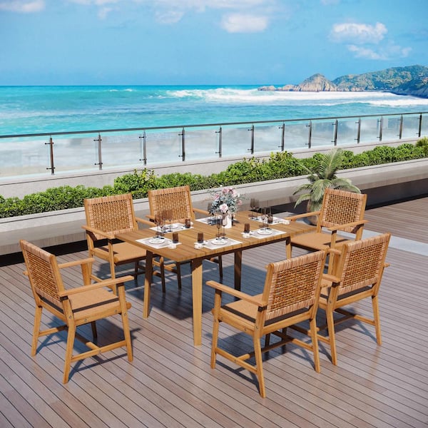 PHI VILLA Brown 7-Piece Outdoor Patio Dining Set With Acacia Rectangular Table and Acacia wooden Chairs