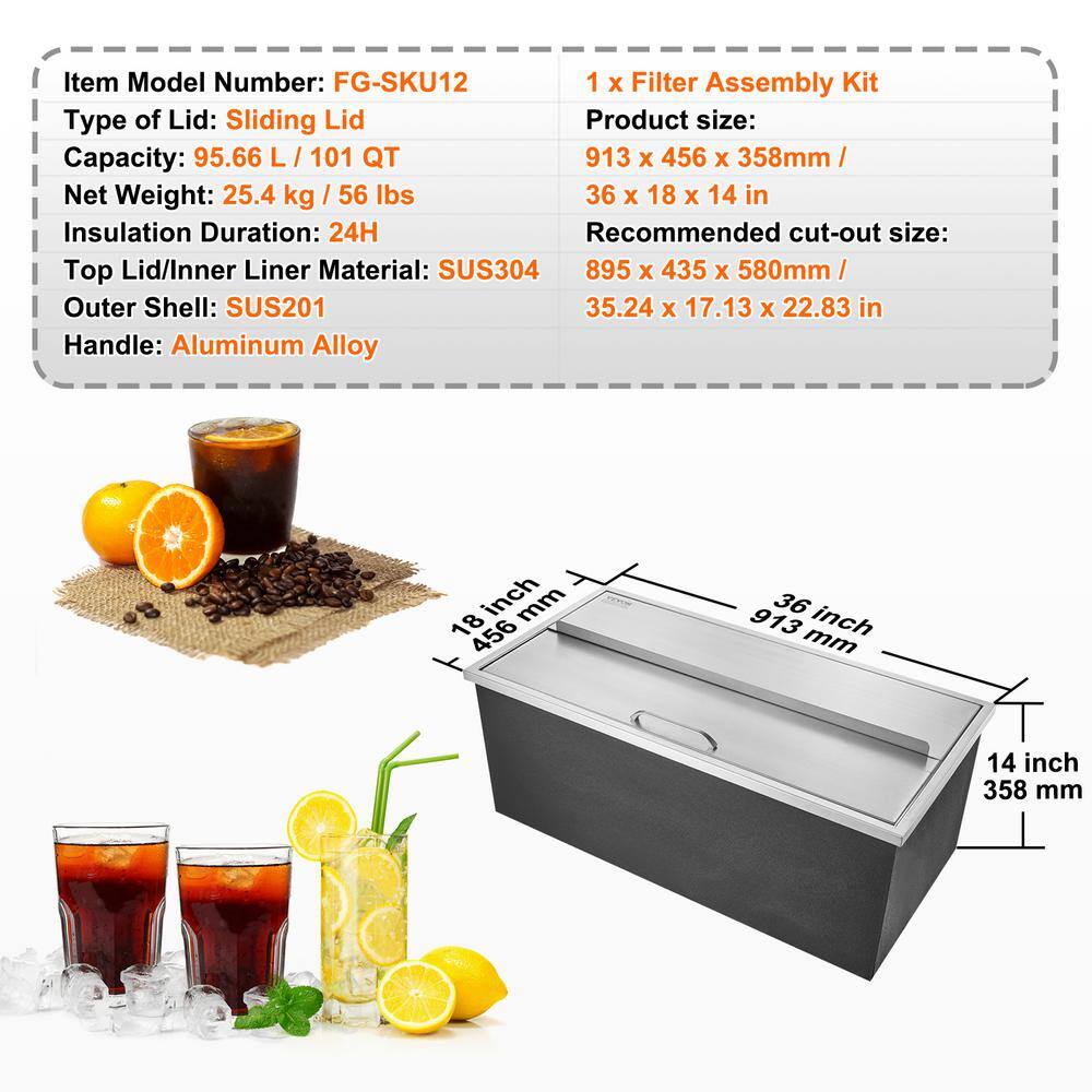 VEVOR 101 Quart Stainless Steel Drop-In Ice Chest with Sliding Cover