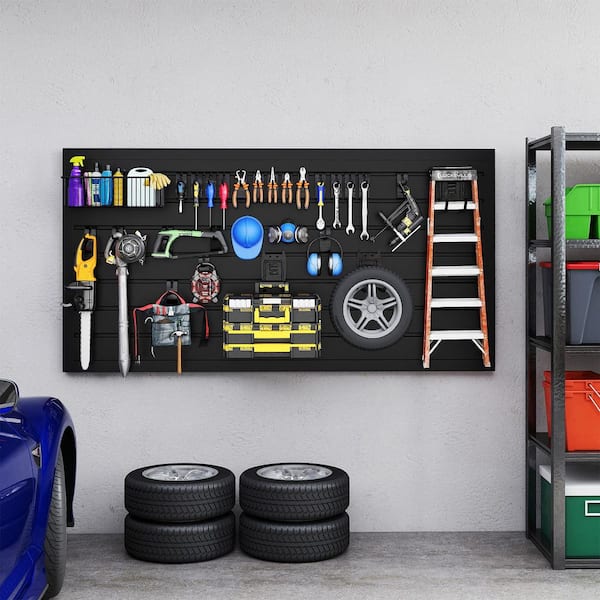 Slatwall Paneling Organizer 4 ft. x 2 ft. PVC Garage Slat Wall Storage Pegboard Wall Organizer Garage Slatwall in Black