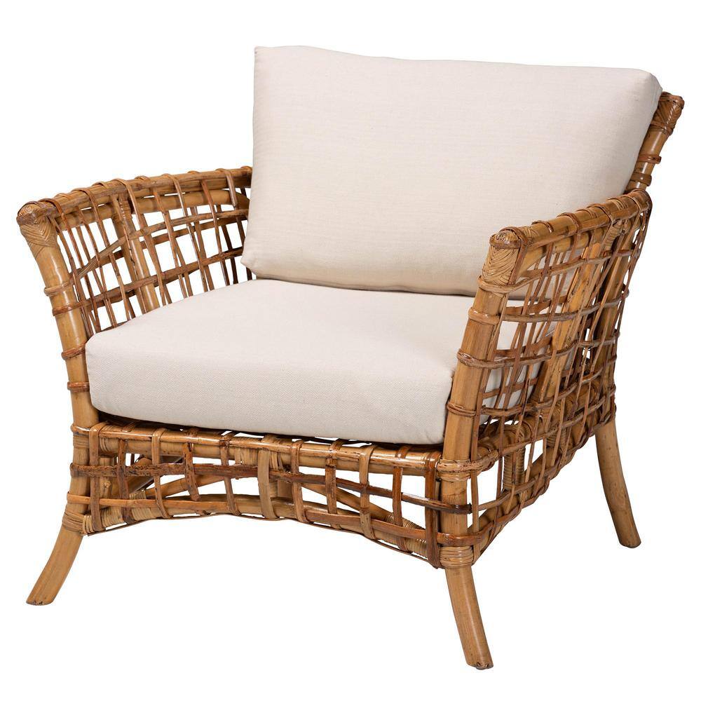 Handcrafted Natural Brown Rattan Accent Chair with Cushions