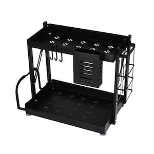 14.37 in. Black Collapsible Countertop Dish Rack with Removal Storage Hooks