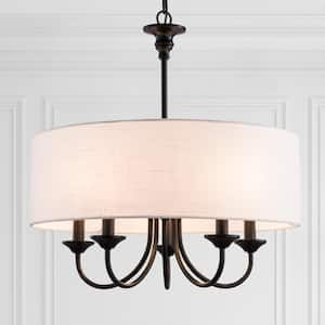 5-Light Modern Farmhouse Chandelier, Rustic Candle Ceiling Hanging Light Fixture with Round Linen Shade for Dining Room