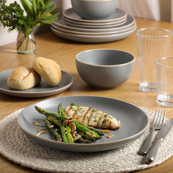 Whatseaso 12-Piece Matte Grey Modern Stoneware Kitchen Dinnerware