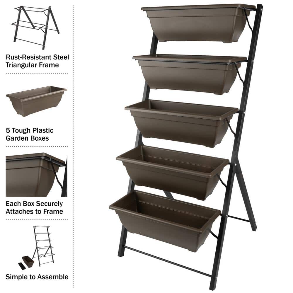 Brown 5-Tier Vertical Outdoor Planter with Steel Frame
