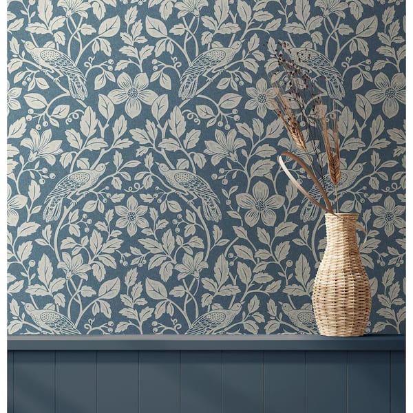 Dark Blue Marlow Bird Vine Wallpaper