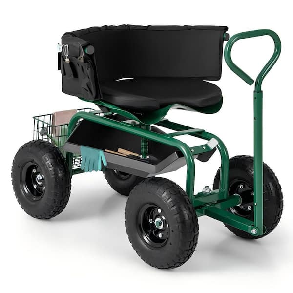 Rolling Garden Work Seat Cart Scooter with Adjustable Height Seat and Storage Basket, 360° Swivel Design