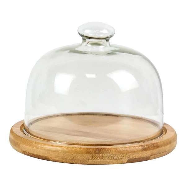 Glass Dessert Series Mini Round Glass Bamboo Cake Tray with Dome Cover for Appetizer Fruit Cheese Display Server