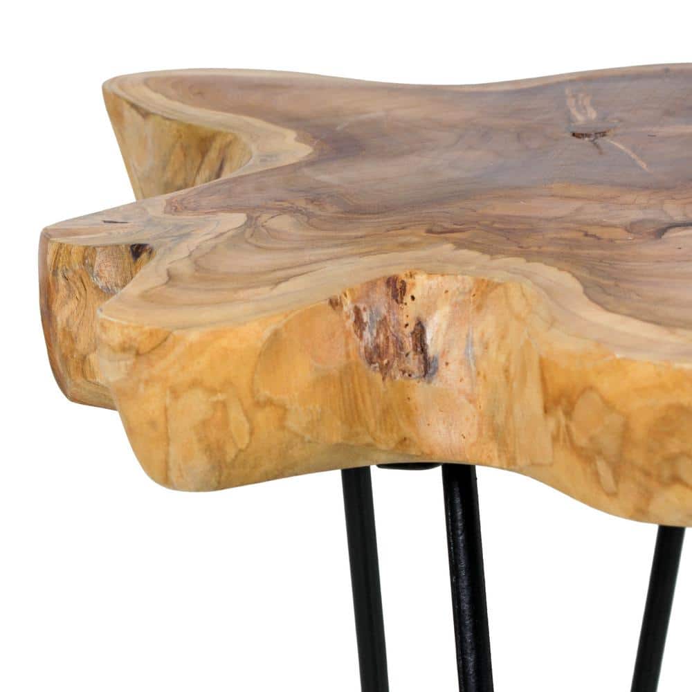 Natural Live-Edge Teak Wood Round Accent Table with Metal Legs