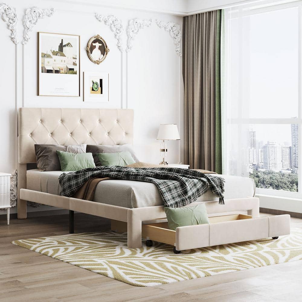 Harper & Bright Designs Beige Wood Frame Full Size Velvet Upholstered ...
