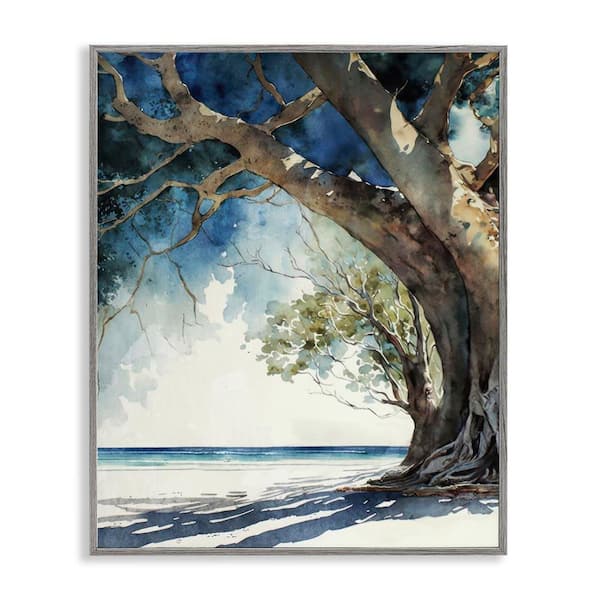 Looming Tree on Coast by Svetlana Aleynikova Gray Framed Nature Giclee Art Print 14 in. x 11 in.