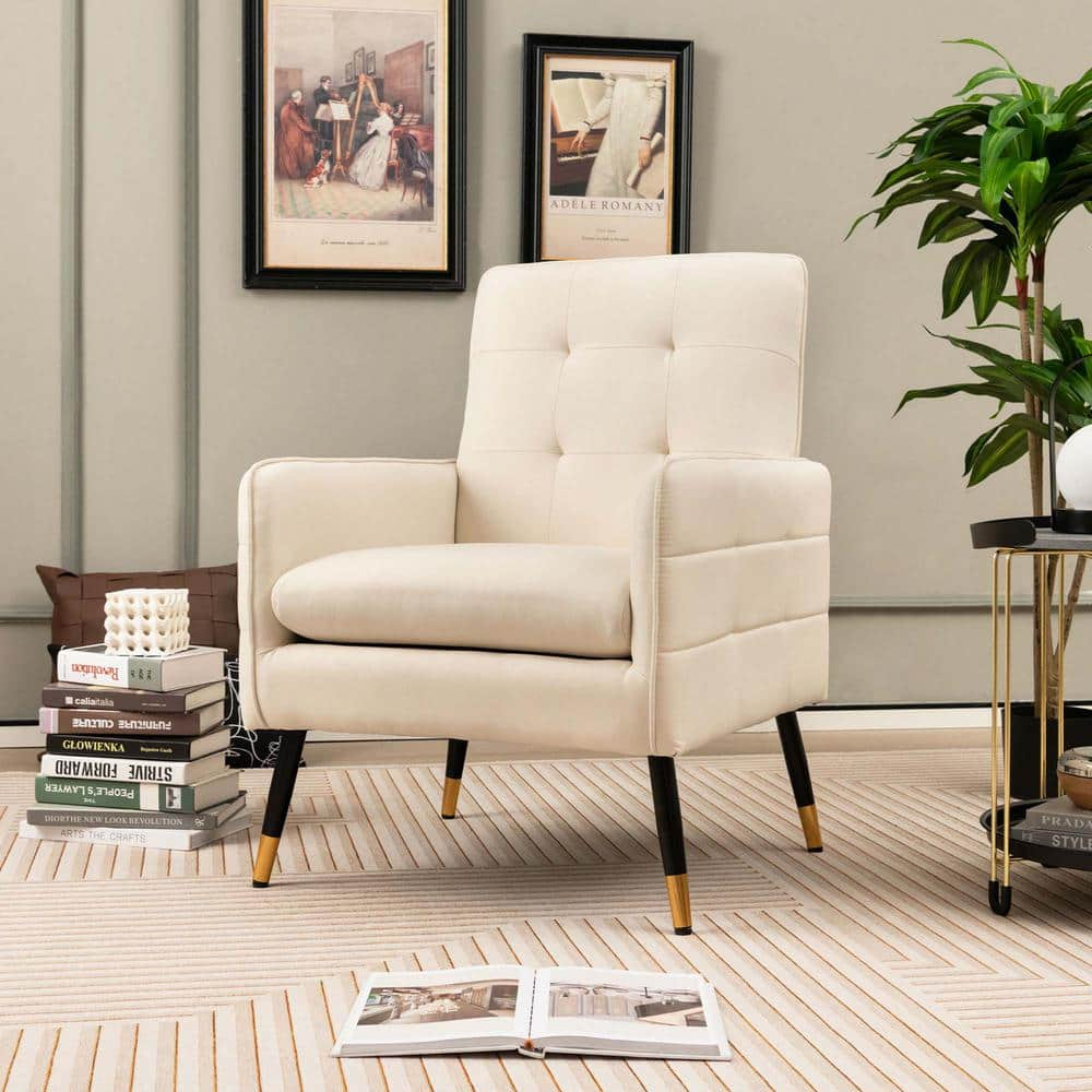 Costway White Linen Fabric Accent Chair Modern Single Sofa Chair with ...