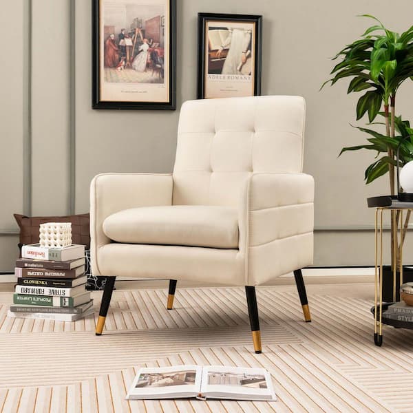 Costway White Linen Fabric Accent Chair Modern Single Sofa Chair with Solid Metal Legs