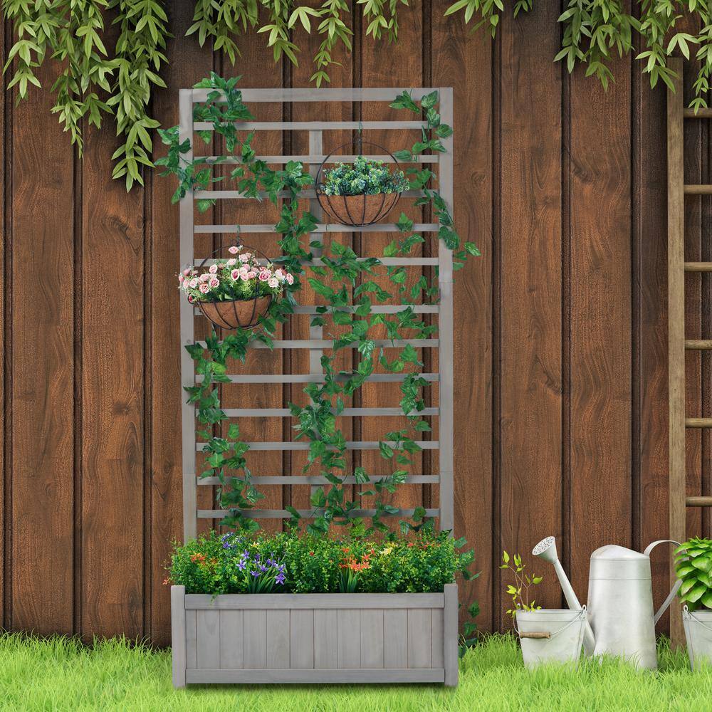 Raised Garden Bed with Trellis,Outdoor Wooden Planter Box for Vine Climbing