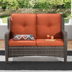 Brown Wicker Outdoor Patio Loveseat 2-Seat Sofa Couch with Orange Cushions