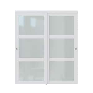 72 in. x 80 in. 3-Lites White Frosted Glass MDF Finished Closet Sliding Door with Hardware Kit