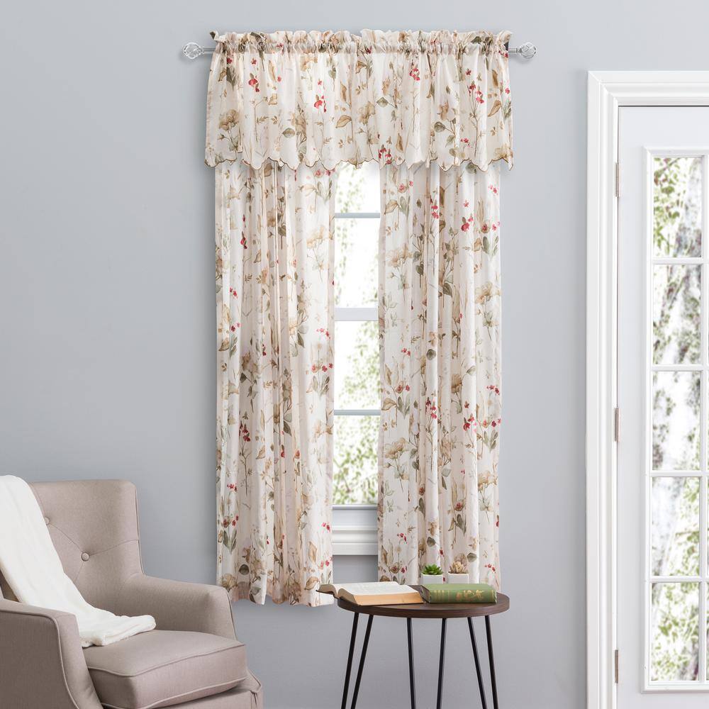 Sophia Floral Red and Beige Polyester Sheer Curtain Panel