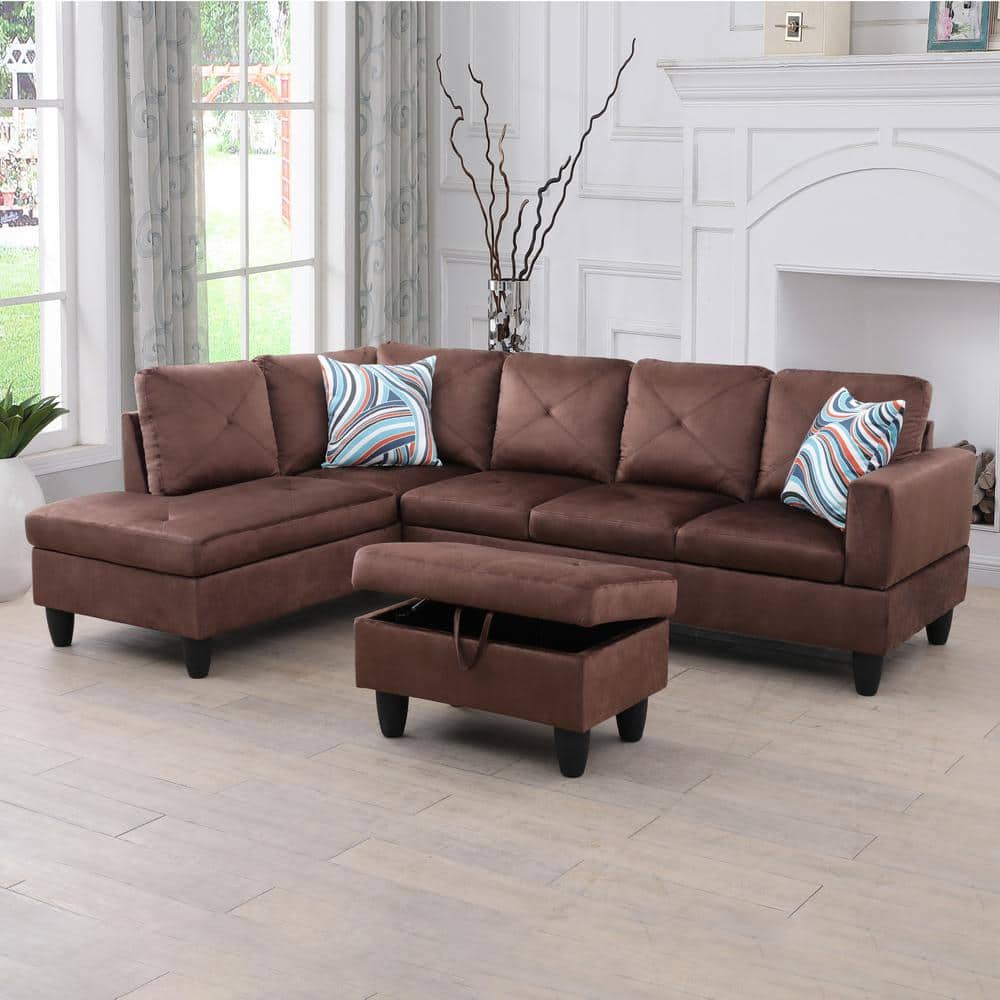 28.5 in. W Brown Flannel Polyester Blend Rectangle Ottoman with Storage