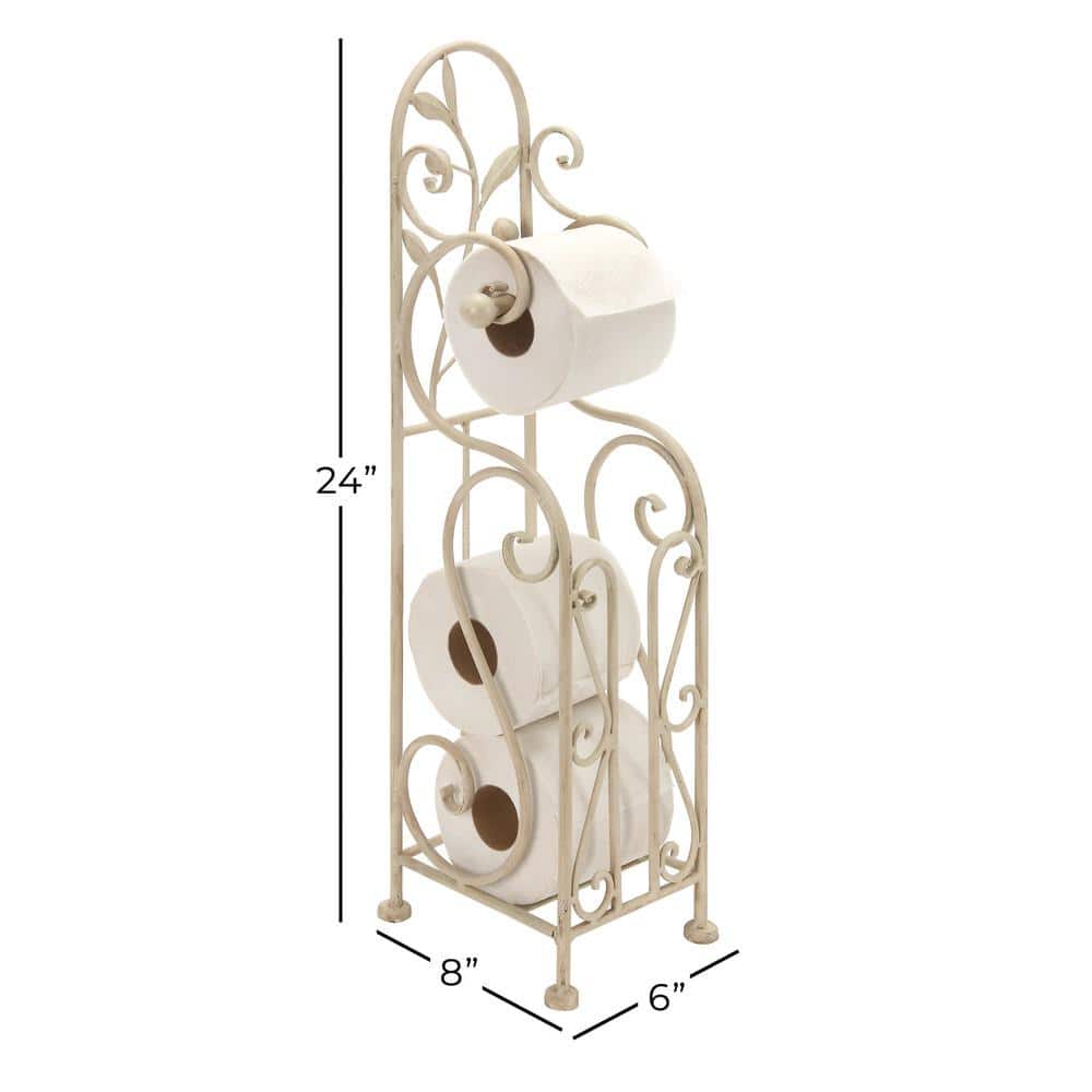 Ivory White Metal Freestanding Toilet Paper Holder with Scroll Design
