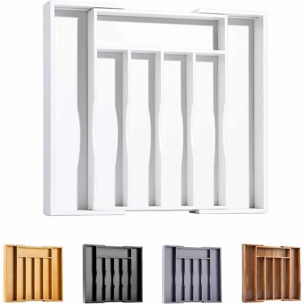 Expandable Bamboo Drawer Organizer Kitchen Utensil and Flatware Tray Silverware Holder in White