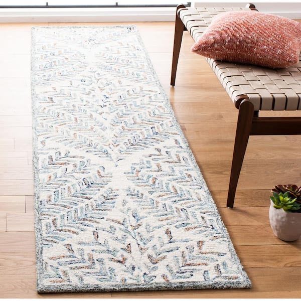 Capri Ivory/Blue 2 ft. x 7 ft. Geometric Leaf Runner Rug