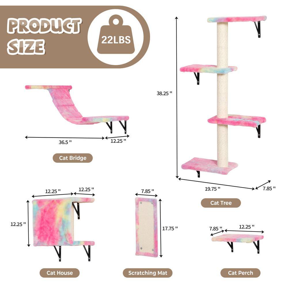 Colorful Wall-Mounted Sisal Cat Tree Set with Platforms