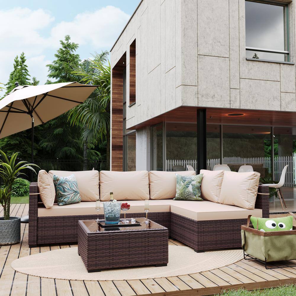 Grand Patio 7-Piece Wicker Patio Furniture Set - Outdoor Sectional Sofa With Beige Cushions & Glass Table