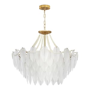 31.5 in. 12-Light Modern Adjustable Pendant Light Crystal Chandelier with 5-Tier Feather Glass Lampshade, Bulbs Included