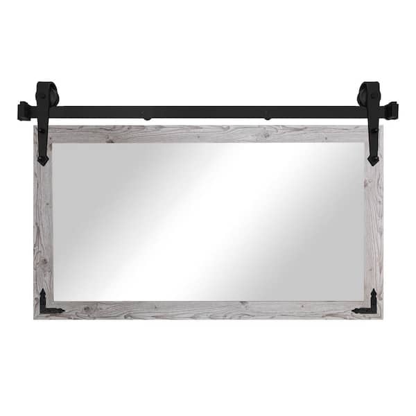 (33 in. W x 66 in. H) Distressed White Mirror with Steel Barn Door Track and Decorative Metal Corner Brackets