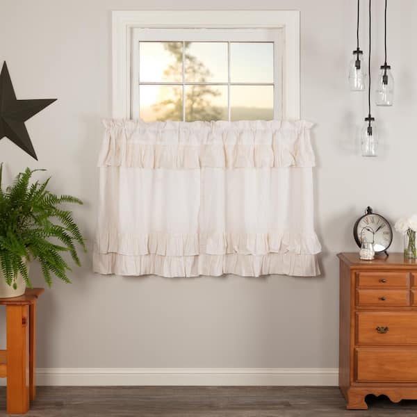 VHC BRANDS Simple Life Ruffled Flax 36 in. W x 36 in. L Light Filtering Tier Window Panel in Antique White Pair