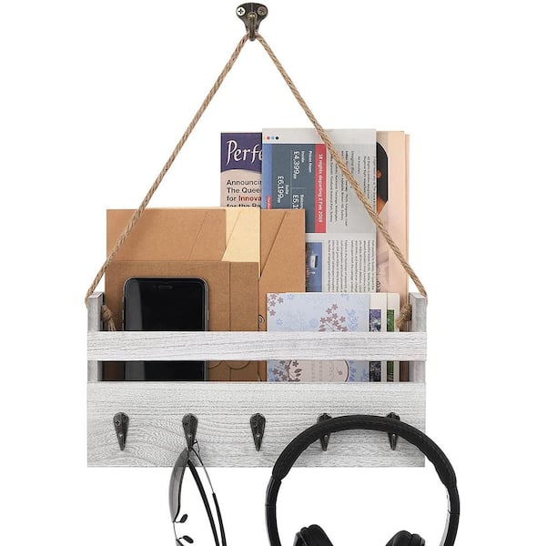 Oumilen Gray-Whitewash Rustic Key Hangers and Mail Sorter, Wood Decorative Mail Shelf with 5-Hooks Key Holder