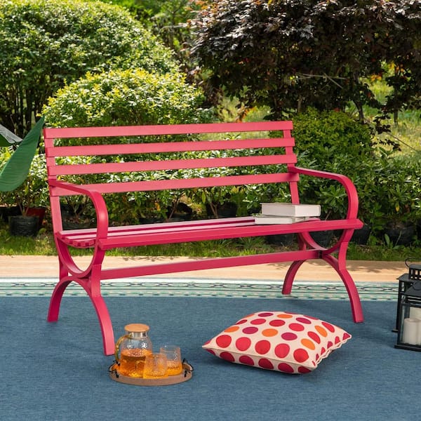Unbranded 48 in. Red Modern Slatted Design Metal Outdoor Bench with Backrest and Armrests
